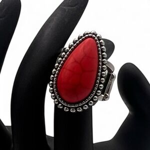 Silver red 1" Stone Stretchy NWT Ring Western Boho Adjustable Southwest